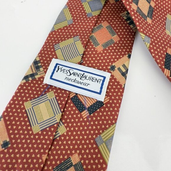 YVES SAINT-LAURENT Neckwear 100% Silk Geometric Rust Tie L 55" x W 3.5" - Picture 2 of 4